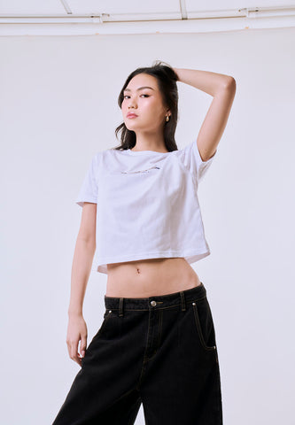 Mossimo Women's White Atlethic Dept Logo Classic Cropped Fit Tee