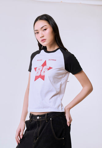 Mossimo Women's White Star Graphic 86 Logo Raglan Classic Fit Tee