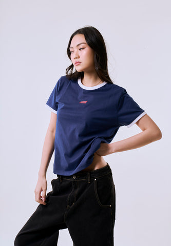Mossimo Women's Navy Ringer Small Track Classic Fit Tee