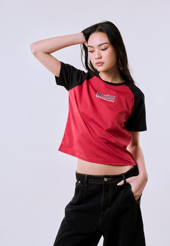 Mossimo Women's Red Raglan Speedway Graphic Comfort Fit Tee