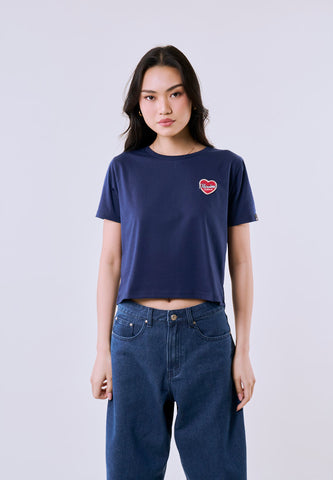 Mossimo Women's Navy Patch Heart Logo Classic Cropped Fit Tee