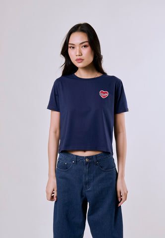 Mossimo Women's Navy Patch Heart Logo Classic Cropped Fit Tee