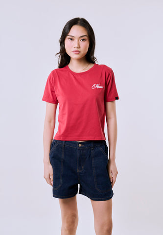 Mossimo Women's Cranberry Embroidery Logo Classic Cropped  Fit Tee