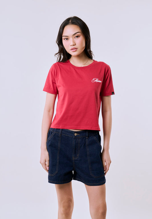 Mossimo Women's Cranberry Embroidery Logo Classic Cropped  Fit Tee