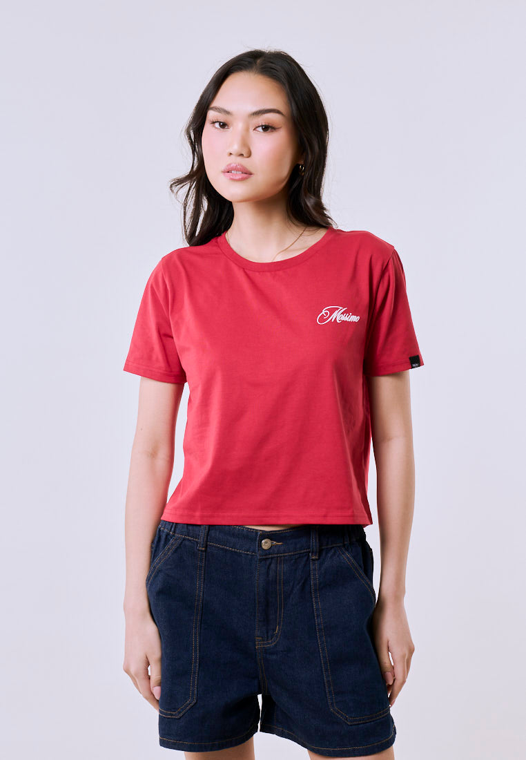 Mossimo Women's Cranberry Embroidery Logo Classic Cropped  Fit Tee