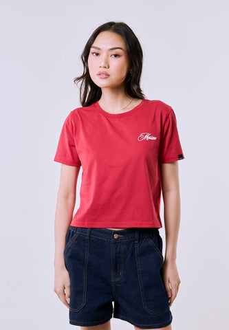 Mossimo Women's Cranberry Embroidery Logo Classic Cropped  Fit Tee