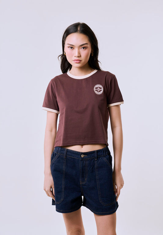 Mossimo Women's Coffee Ringer Embroidery Logo Classic Cropped Fit Tee