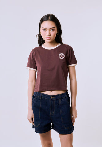 Mossimo Women's Coffee Ringer Embroidery Logo Classic Cropped Fit Tee