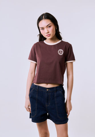 Mossimo Women's Coffee Ringer Embroidery Logo Classic Cropped Fit Tee