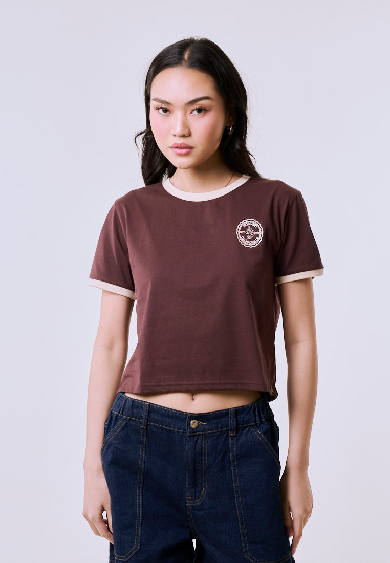 Mossimo Women's Coffee Ringer Embroidery Logo Classic Cropped Fit Tee