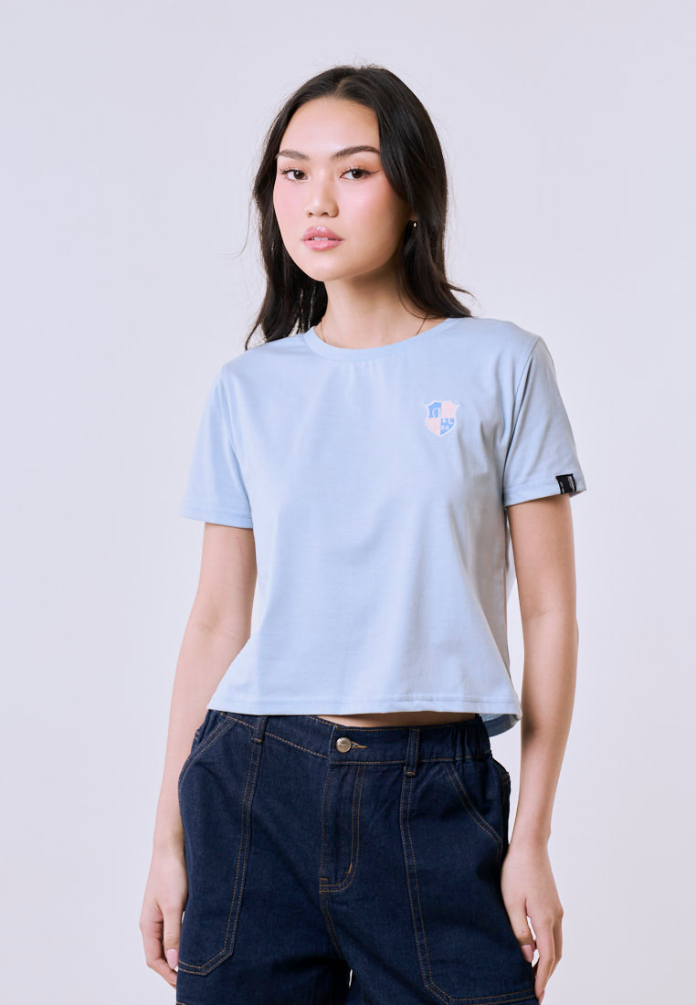 Mossimo Women's Baby Blue Patch Logo Classic Cropped Fit Tee