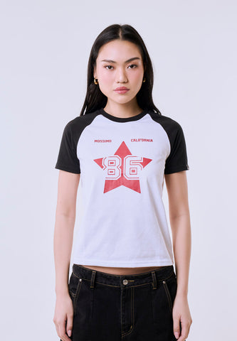 Mossimo Women's White Star Graphic 86 Logo Raglan Classic Fit Tee