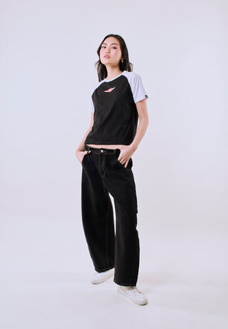 Mossimo Women's Black Raglan Track Comfort Fit Tee