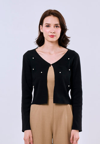 Mossimo Women's Black Classic Cropped Knitted Cardigan Top with Pearl