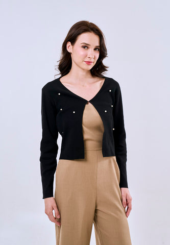 Mossimo Women's Black Classic Cropped Knitted Cardigan Top with Pearl