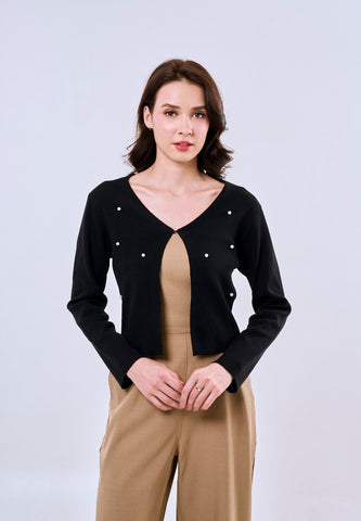 Mossimo Women's Black Classic Cropped Knitted Cardigan Top with Pearl