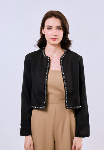 Mossimo Women's Black Classic Cropped Fit Tweed Jacket with Pearl