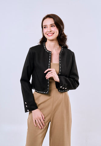 Mossimo Women's Black Classic Cropped Fit Tweed Jacket with Pearl