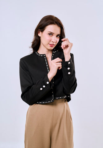 Mossimo Women's Black Classic Cropped Fit Tweed Jacket with Pearl