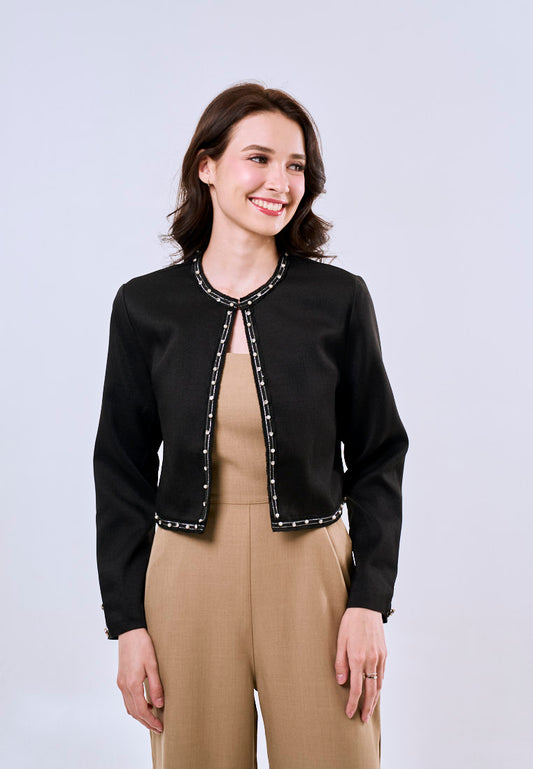 Mossimo Women's Black Classic Cropped Fit Tweed Jacket with Pearl