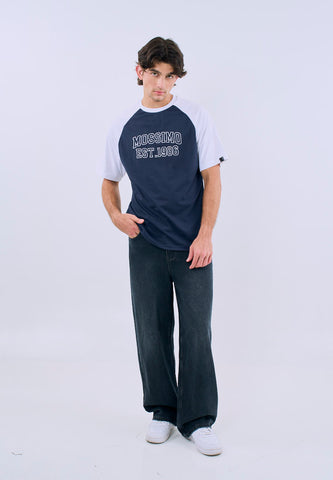 Mossimo Men's Navy Blue Raglan Comfort Fit Tee with Flocking Logo