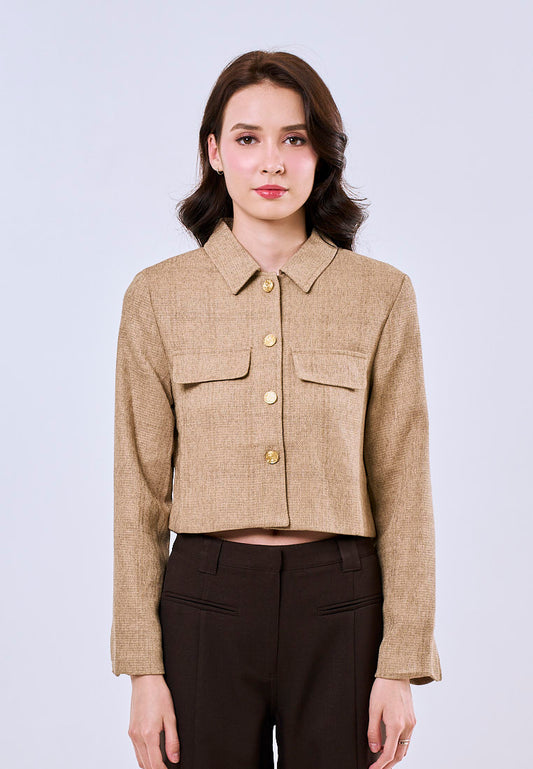 Mossimo Women's Khaki Classic Cropped Collar Tweed Longsleeves Top