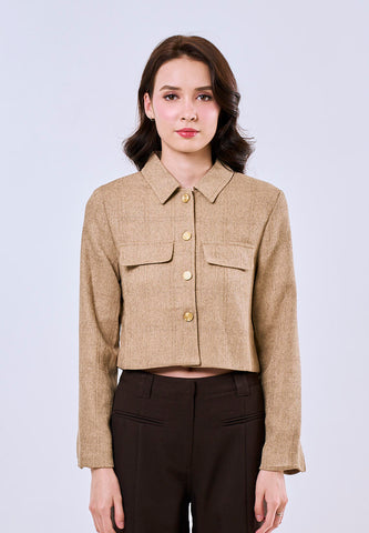 Mossimo Women's Khaki Classic Cropped Collar Tweed Longsleeves Top