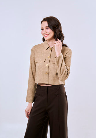 Mossimo Women's Khaki Classic Cropped Collar Tweed Longsleeves Top
