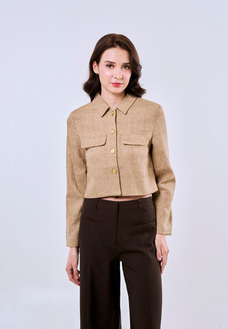 Mossimo Women's Khaki Classic Cropped Collar Tweed Longsleeves Top