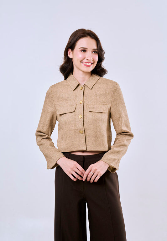 Mossimo Women's Khaki Classic Cropped Collar Tweed Longsleeves Top