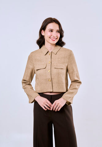 Mossimo Women's Khaki Classic Cropped Collar Tweed Longsleeves Top