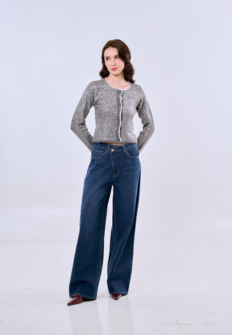 Mossimo Women's Gray Classic Cropped Sequins Cardigan Top