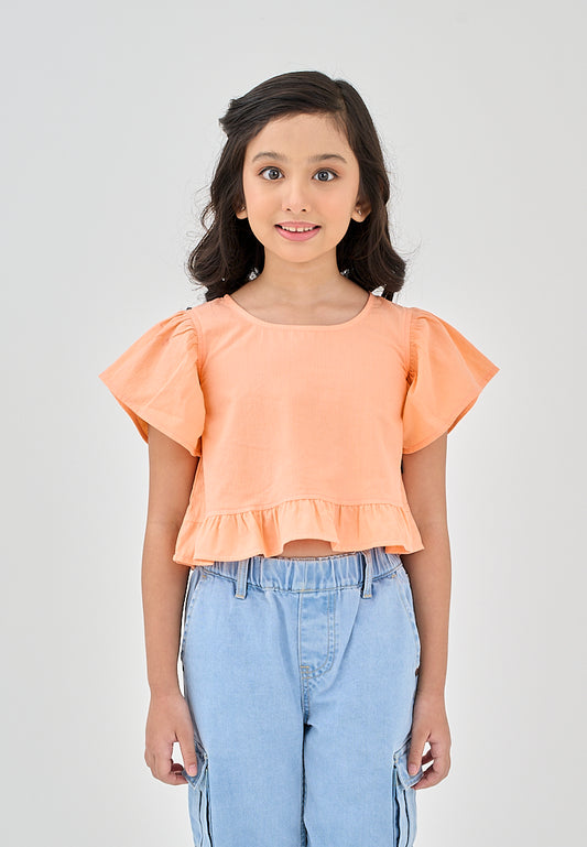 Mossimo Kids Jonavie Apricot Orange Round Neck Top with Ruffle Trim