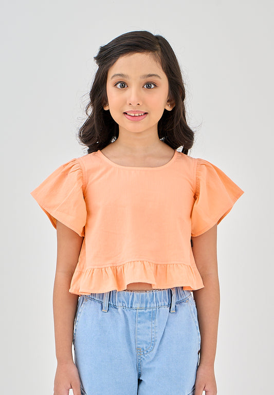 Mossimo Kids Jonavie Apricot Orange Round Neck Top with Ruffle Trim