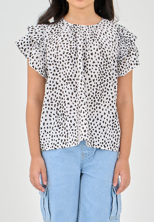 Mossimo Kids Patrice White Round Neck Woven Top with Ruffle Trim