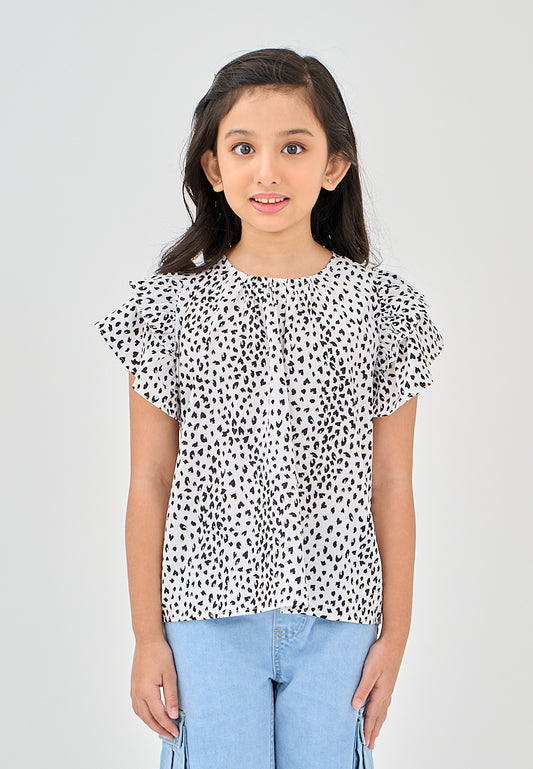 Mossimo Kids Patrice White Round Neck Woven Top with Ruffle Trim
