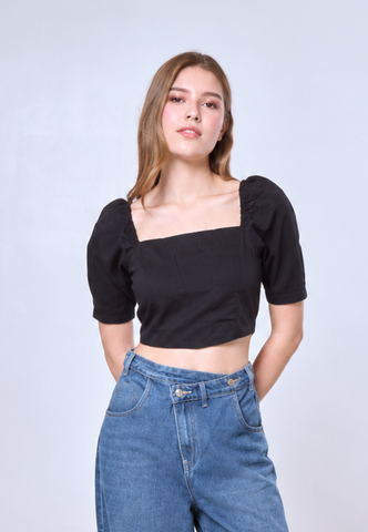 Bella Black Woven 3/4 Sleeves Square Neck Crop Bustier