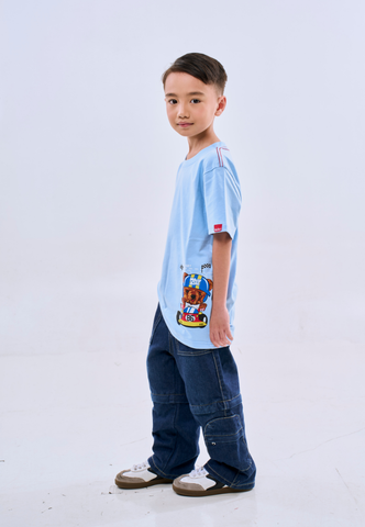 Mossimo Kids Unisex Blue Mossybear Race Cart Basic Tshirt