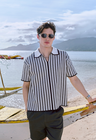 Mossimo Sergio Black White Stripes Knit Boxy Polo Shirt For Men