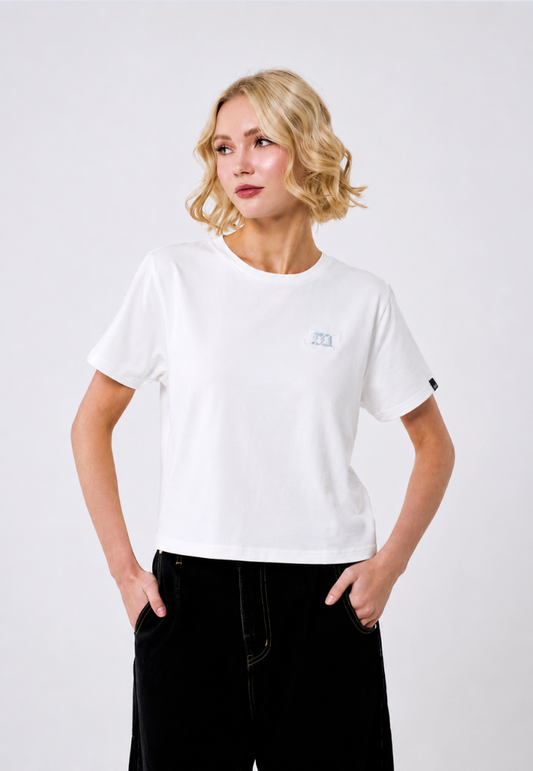 Mossimo Women's White Felt Patch Logo Classic Fit Tee