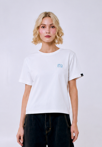 Mossimo Women's White Felt Patch Logo Classic Fit Tee
