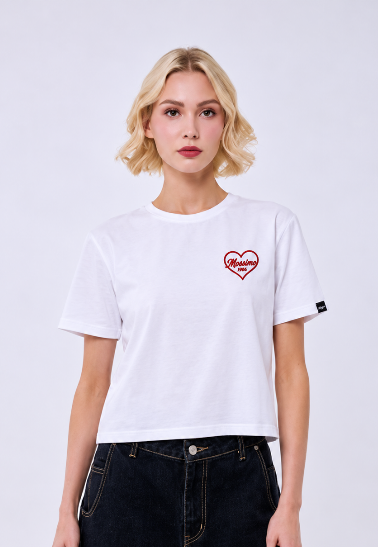 Mossimo Women's White Embroidered Basic Logo Classic Cropped Fit Tee