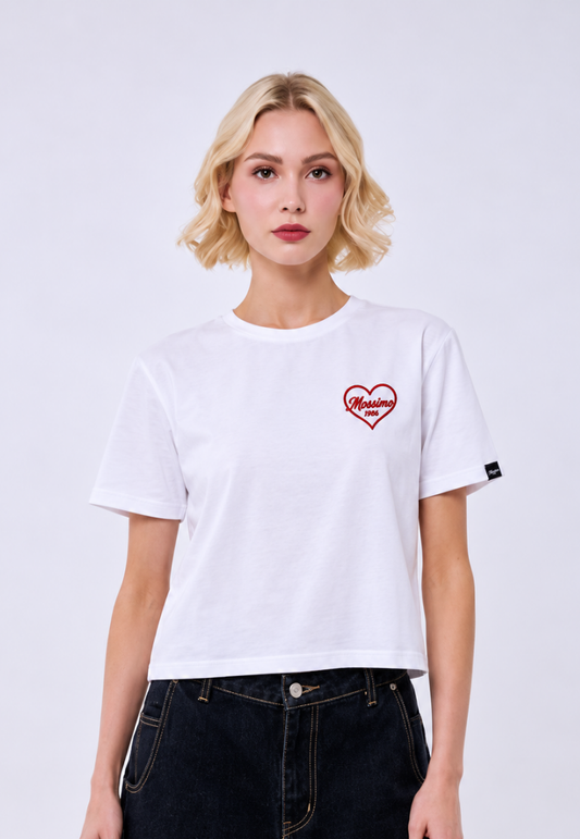 Mossimo Women's White Embroidered Basic Logo Classic Cropped Fit Tee