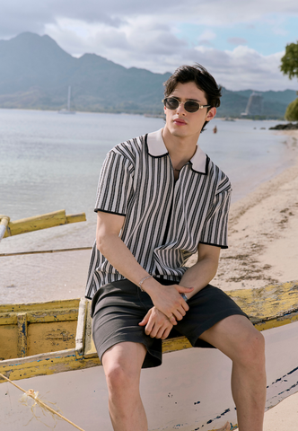 Mossimo Sergio Black White Stripes Knit Boxy Polo Shirt For Men