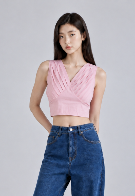 Evening Sand Fashion Pleated Crop Top Tailored Fit