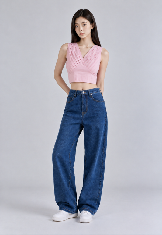 Evening Sand Fashion Pleated Crop Top Tailored Fit