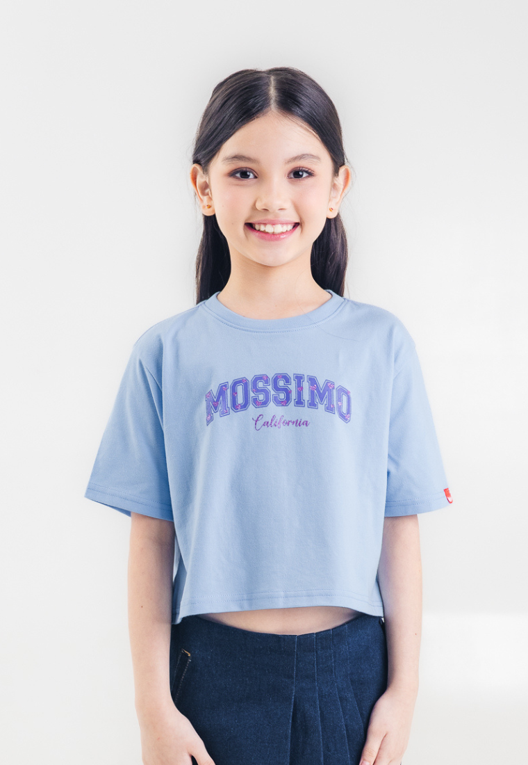 Mossimo Kids Girls' Blue Glitter Heart Logo Loose Cropped Tshirt