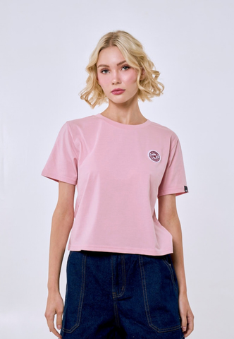 Mossimo Women's Crepe Pink Felt Patch Logo Classic Cropped Fit Tee