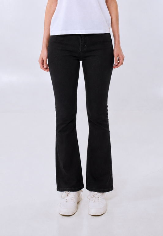 Black Semi Flared High Split Raw Hem Jeans