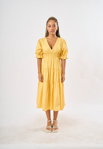 Mossimo Lorelie Yellow Ruched Panel Dress with Puff Sleeves